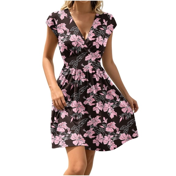 Women Dresses Party Elegant Summer V Neck Solid Casual Short Sleeve Waisted Mini Dress Wedding Guest Cocktail Clubbing Dresses Evening Gowns