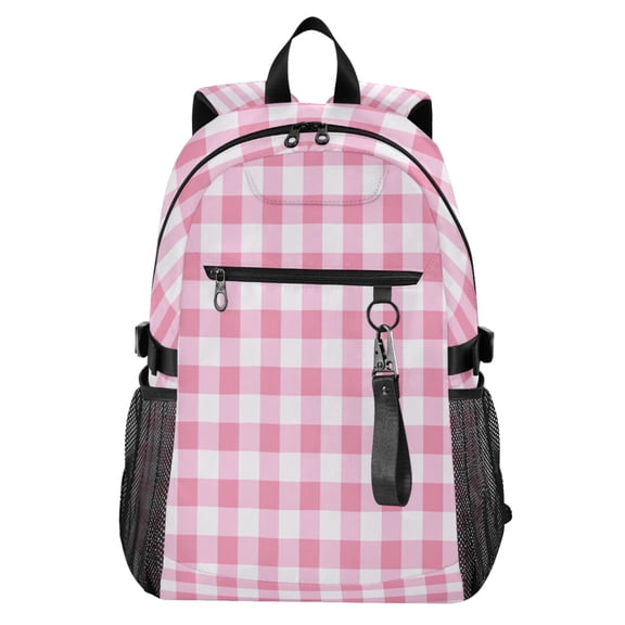Full‑Print Casual Laptop Backpack, 20L Water‑Resistant Twill Tote Daypack with 14 Inch Computer Compartment for School Business Travel Pink Sweet Gingham Motif