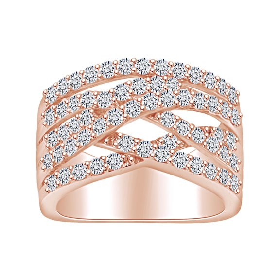 AFFY (1.53 Cttw) Round Shape White Natural Diamond Crisscross Anniversary Band Ring In 14k Solid Rose Gold Ring Size-5