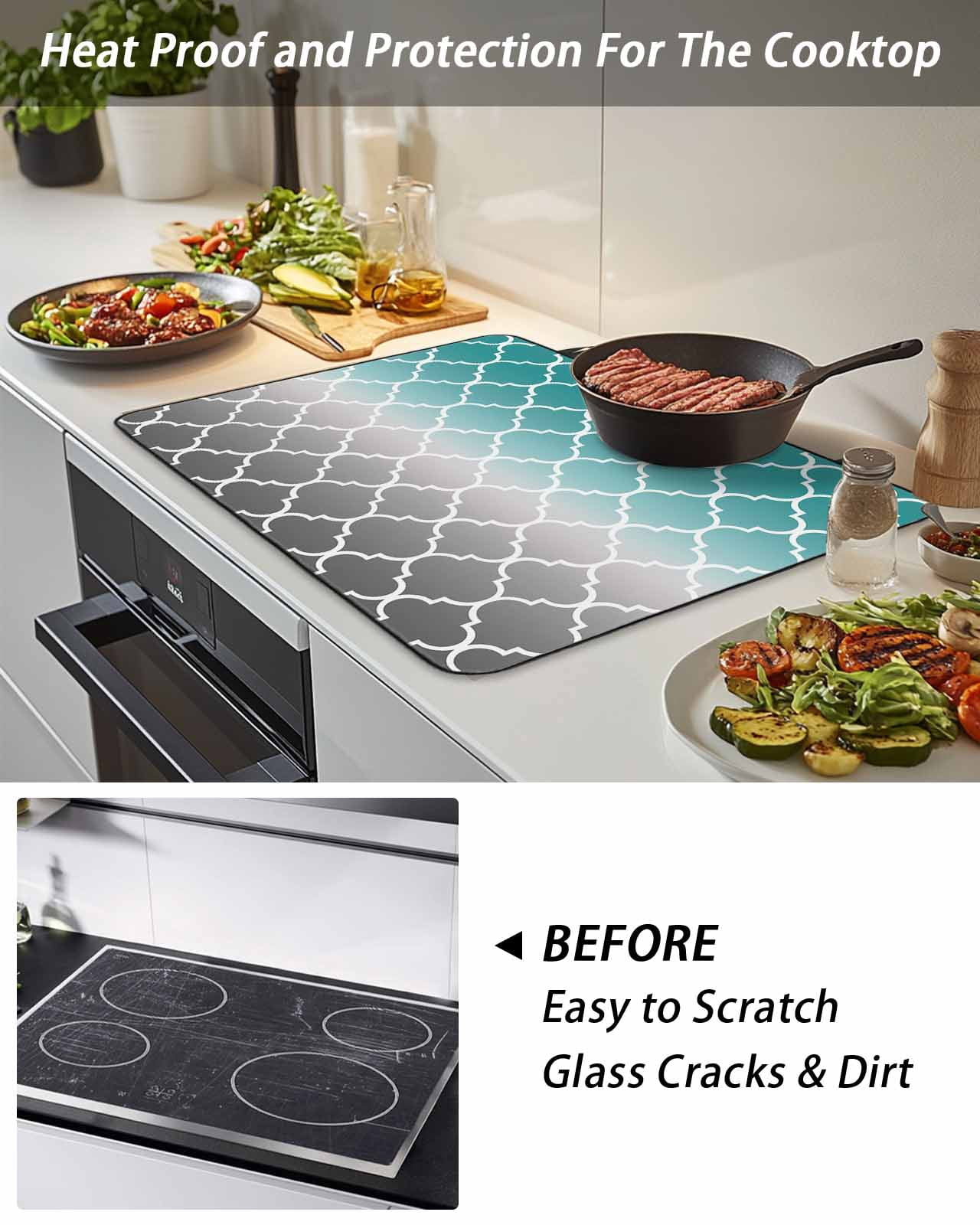 Stove Top Covers for Electric Stove, Teal Grey Ombre Morocco Pattern Glass Stovetop Cover Protector, Modern Moroccan Geometric Induction Cooktop Protector Oven Mat for Kitchen Countertop 24"x21"
