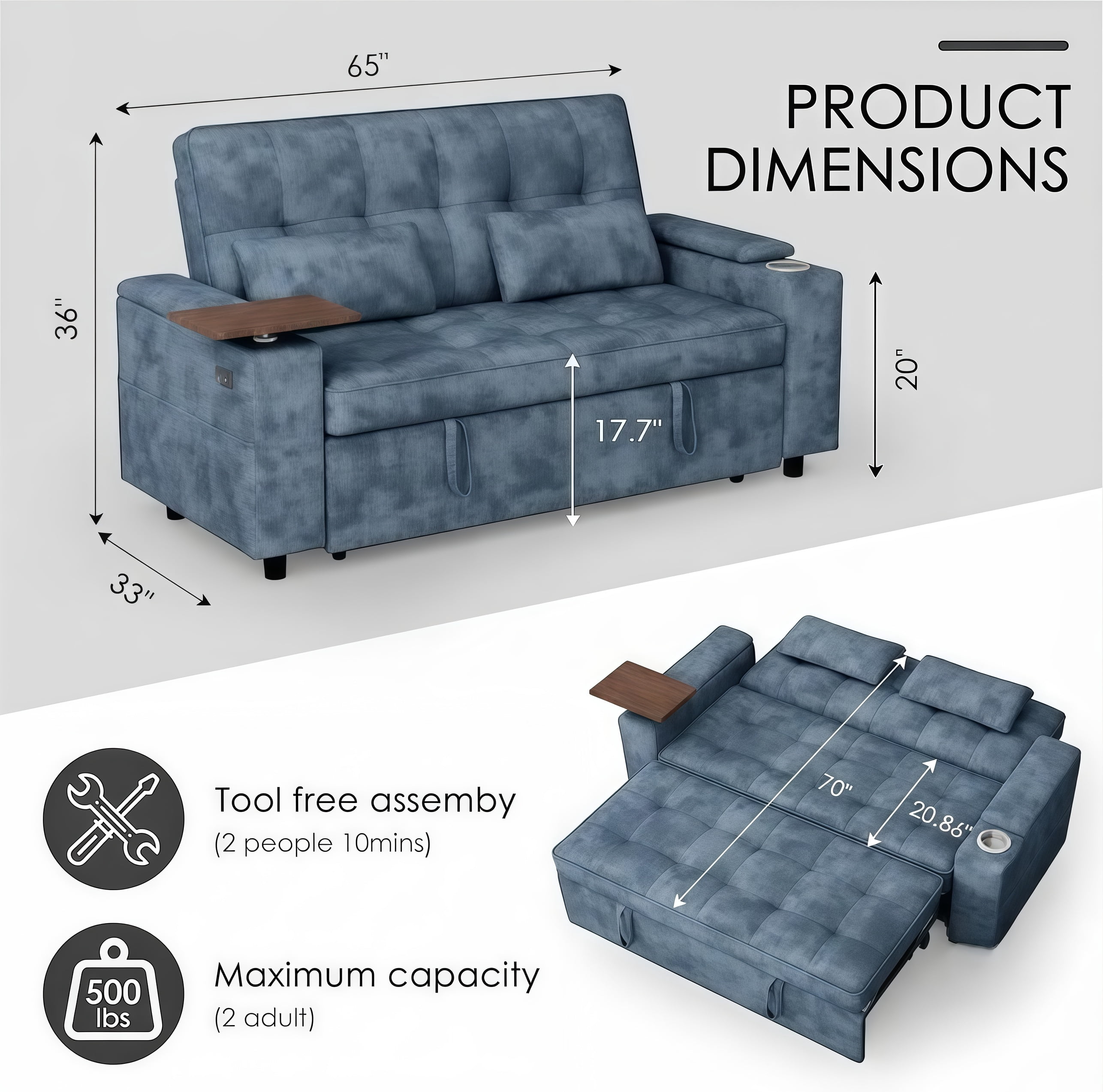 avobird 65" 3-in-1 Convertible Sofa Bed, Pull Out Loveseat with Chenille Fabric/Hidden storage space/Cup holder, Sleeper Sofa Bed for Living Room, Blue