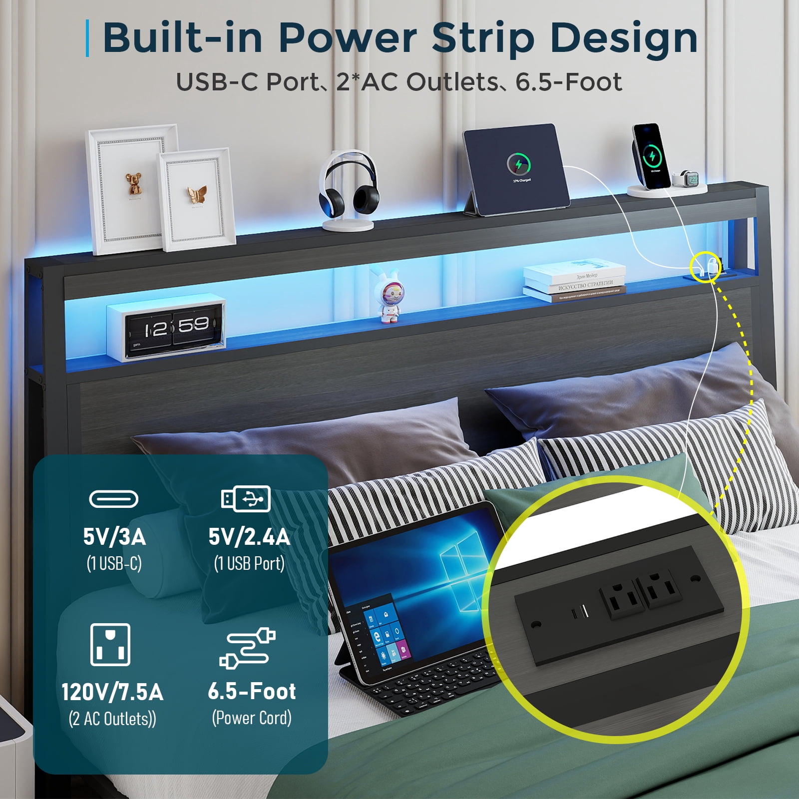 DRNANLIT Queen Bed Frame with 2-Tier Storage Headboard, Metal Bed Frame with 2 Drawers & Built-in Charging Station & LED, Noise-Free, No Box Spring Needed, Easy Assembly,Black Grey