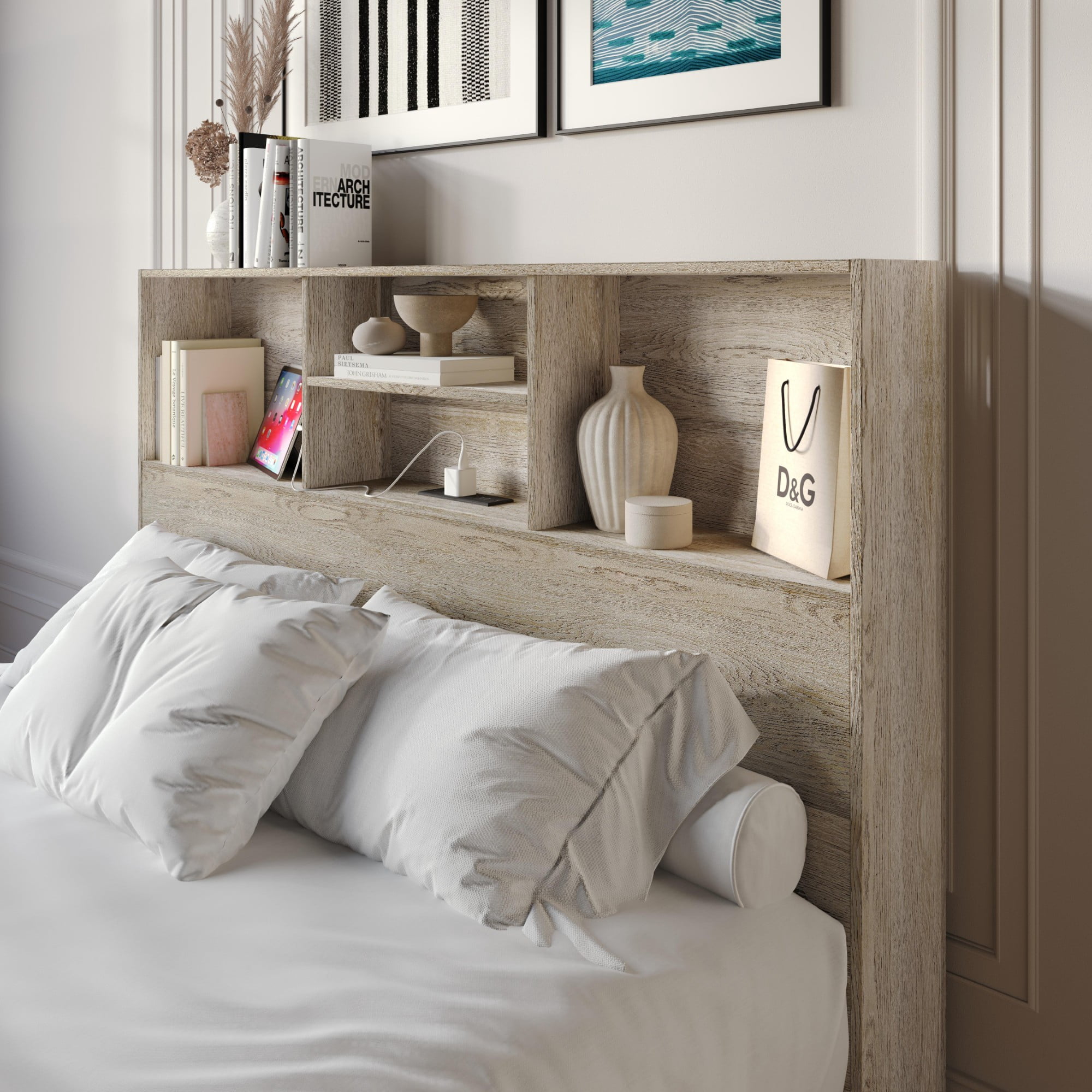 Home Design Pomona King Freestanding Bookcase Headboard with Storage Shelves & Built-In Power Outlet, Antique Gray