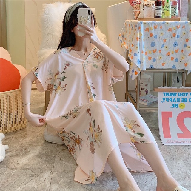 Camisón de seda de algodón para mujer, pijama de verano de manga corta con estampado de dibujos animados, estilo de talla grande, suelto, de seda de algodón, ropa de casa fina