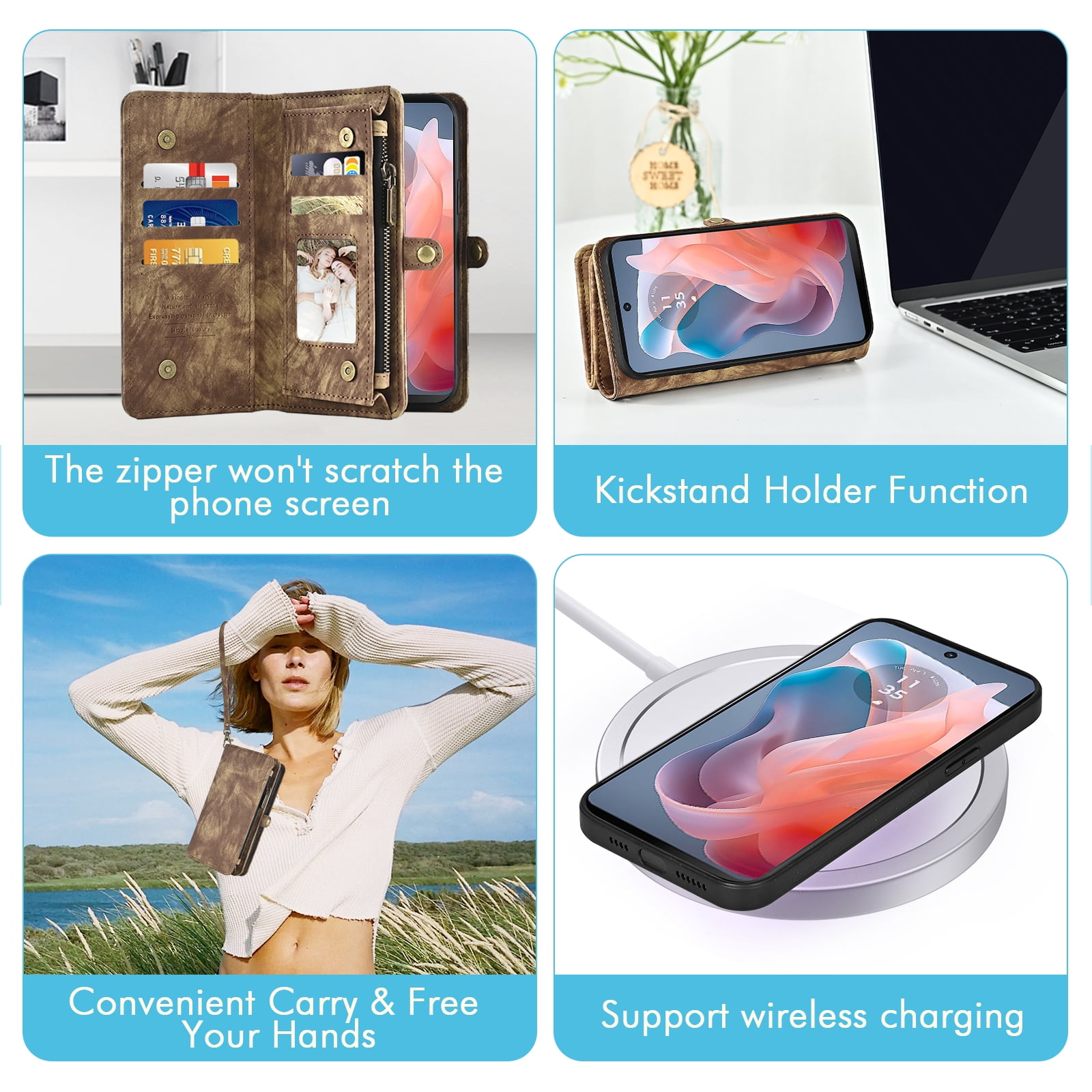 Asuwish Phone Case for Motorola Moto G Play 4G 2024 Zipper Wallet Detachable Cell Cover with Tempered Glass Screen Protector Crossbody Lanyard Strap Flip Card Holder XT2413V XT2413-1 64GB Women Brown