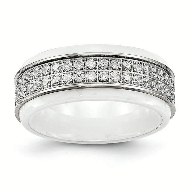 Stainless Steel Polished White Ceramic CZ Ridged edge Ring 8 Size