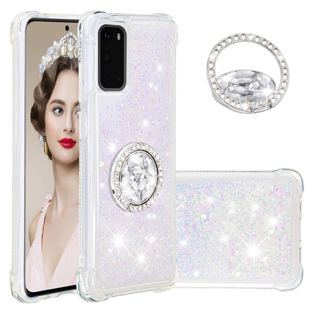 Funda para Samsung Galaxy S20 5G con Brillo Líquido Flotante, Purpurina, Parachoques y Anillo Giratorio Soporte