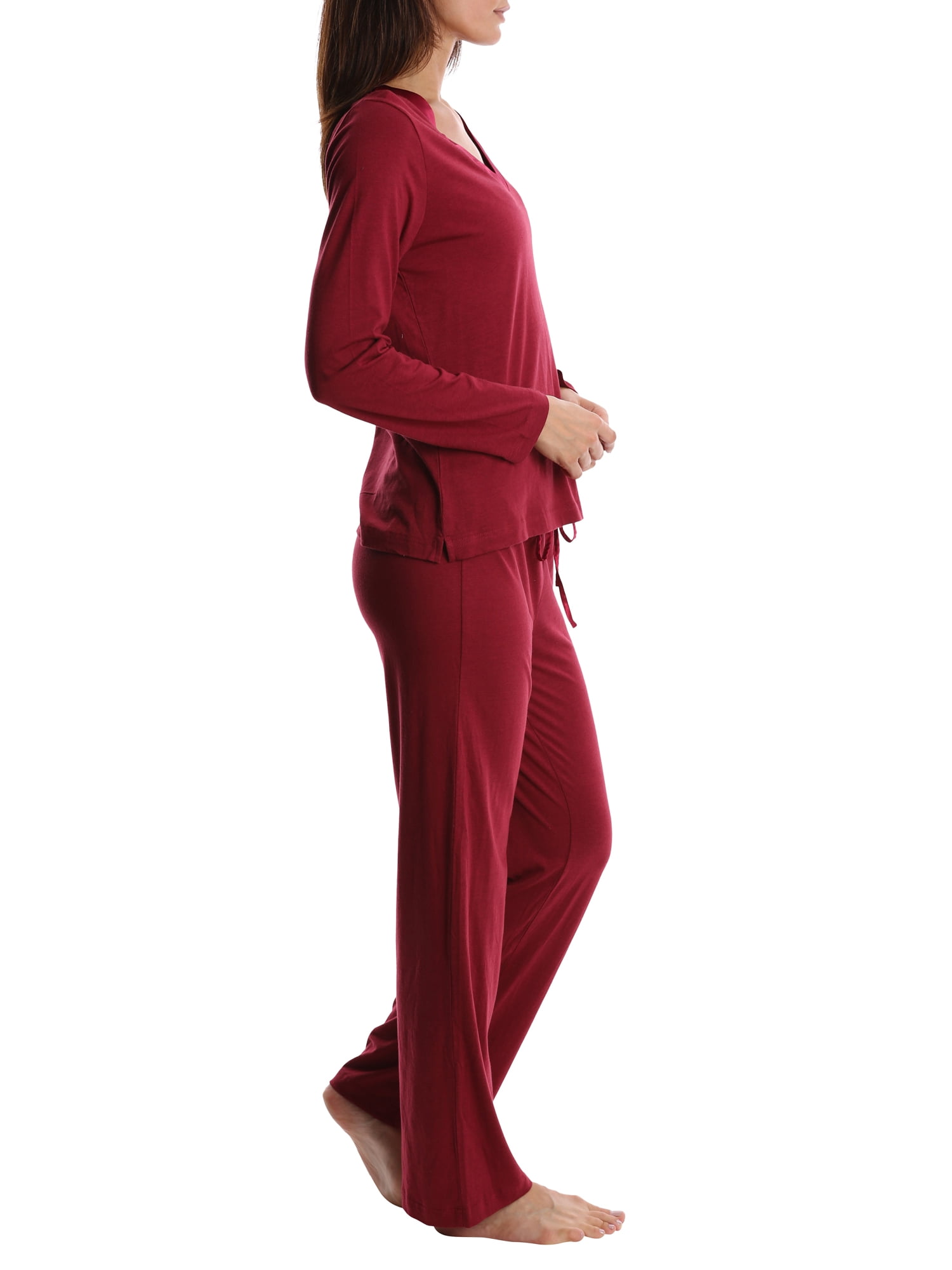 Blis Adult Womens Satin Trim Long Sleeve Sleep Cotton Pajama Pant Set