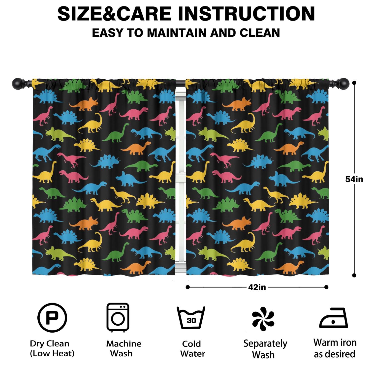 Blackout Kids Curtains,Black Colorful Dinosaurs Silhouette Pattern Childrens Insulated Curtains Set Of 2,Bedroom Essentials,Toddler Room Decor 42"x54"