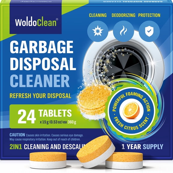 WoldoClean Garbage Disposal Cleaner and Deodorizer Tablets - 24 Pack, Foaming Sink Drain Cleaner & Odor Eliminator, Fresh Citrus Scent, 1 Year Kitchen Cleaning Supply