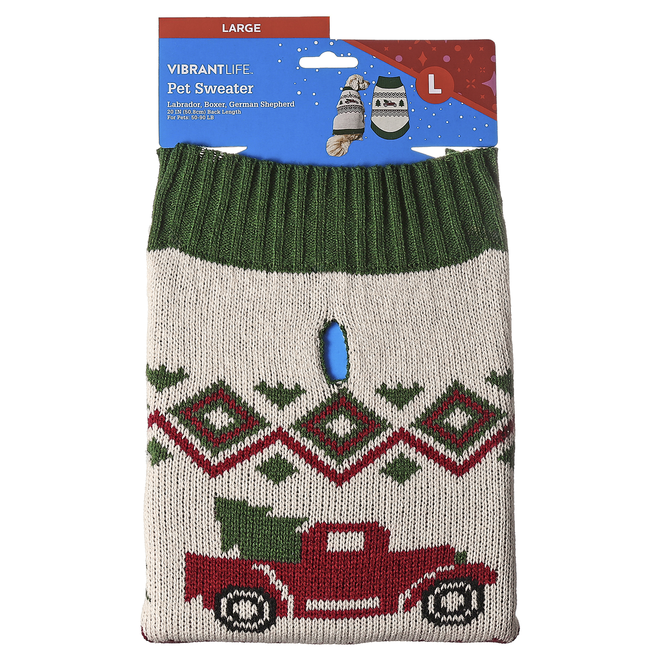 Vibrant Life Holiday Truck Hooded Dog Sweater, Beige & Green, Large