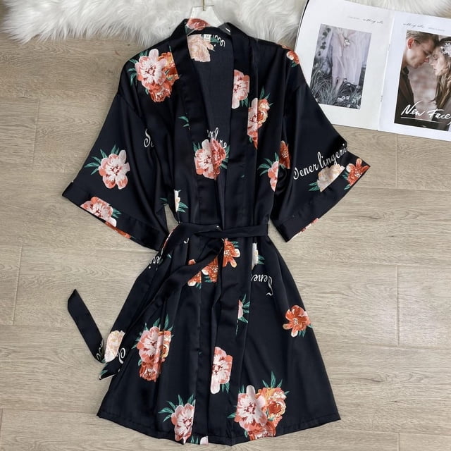 Camisón de seda artificial sexy para mujer, bata de baño tipo kimono con cordones y estampado tentador de estilo coreano de seda helada de verano