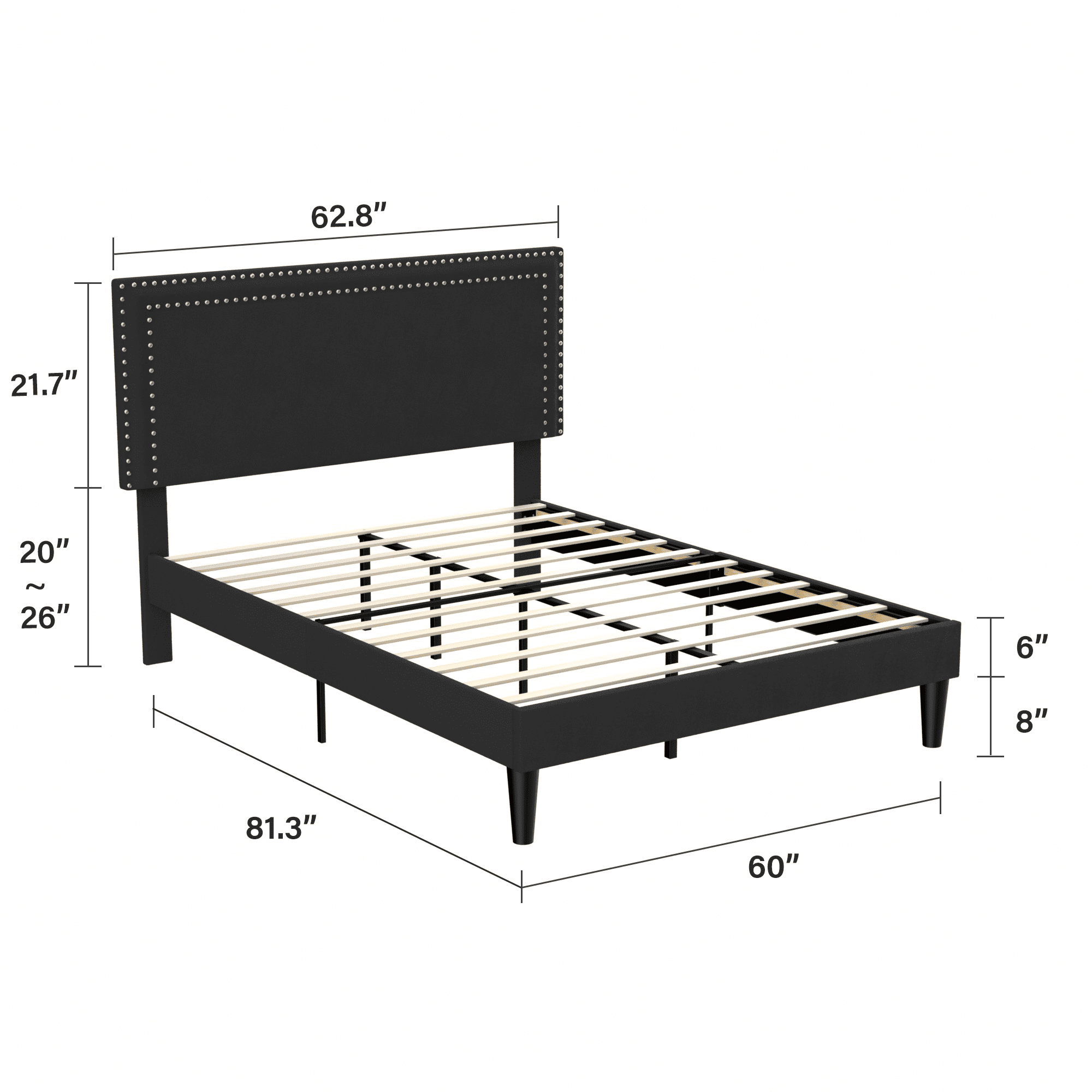 VECELO Queen Size Platform Bed Frame, Modern Upholstered Bed Frame with Adjustable Height & Nailhead Trim Headboard, No Box Spring Needed, Easy Assembly, Black