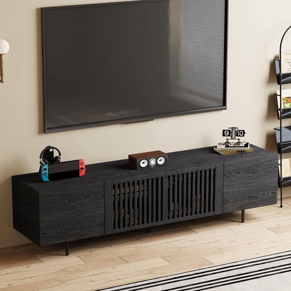 Mid Century Modern Black TV Stand for 70 Inch and Larger TVs, 70.87" Media Console with Solid Wood Slatted Doors, Metal Base, Stylish Entertainment Center for Living Room or Bedroom