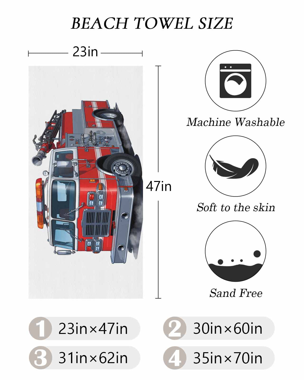 Fire Trucks Beach Towels Oversized Super Absorbent, Modern Cartoons Vehicles Lightweight Bath Towel Quick Dry Sets For Bathroom/Pool/Rv Camping/Beach Play/Gym Room/Picnic 35"x70"