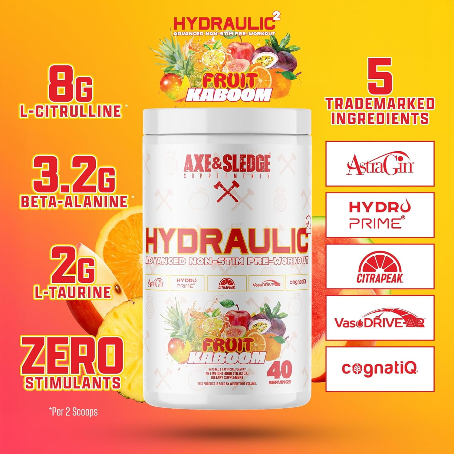 Axe & Sledge Hydraulic Stim-Free Pre-Workout Powder for Men & Women | Performance, Stamina, Focus, Pumps | L-Citrulline, Beta Alanine, Creatine, Caffeine-Free, Fruit Kaboom