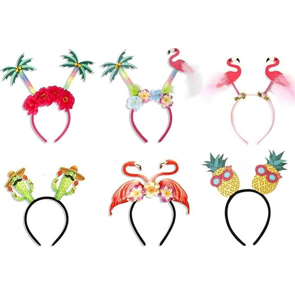 6Pcs Hawaiian Party Headbands Tropical Head Boppers Flamingo Palm Tree Pineapple Luau Party Headbands Decorations