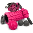 thumbnail image 1 of Ensemble de Rouleaux en Mousse 5 en 1 Comprend Rouleau de Massage à Noyau Creux avec Embouts, Bâton de Rouleau Musculaire, Sangle d'Étirement, Double Lacrosse Arachide, Balle pour Fasciite Plantaire à Pointes (Rose), 1 of 9