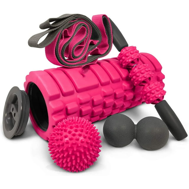 Ensemble de Rouleaux en Mousse 5 en 1 Comprend Rouleau de Massage à Noyau Creux avec Embouts, Bâton de Rouleau Musculaire, Sangle d'Étirement, Double Lacrosse Arachide, Balle pour Fasciite Plantaire à Pointes (Rose)