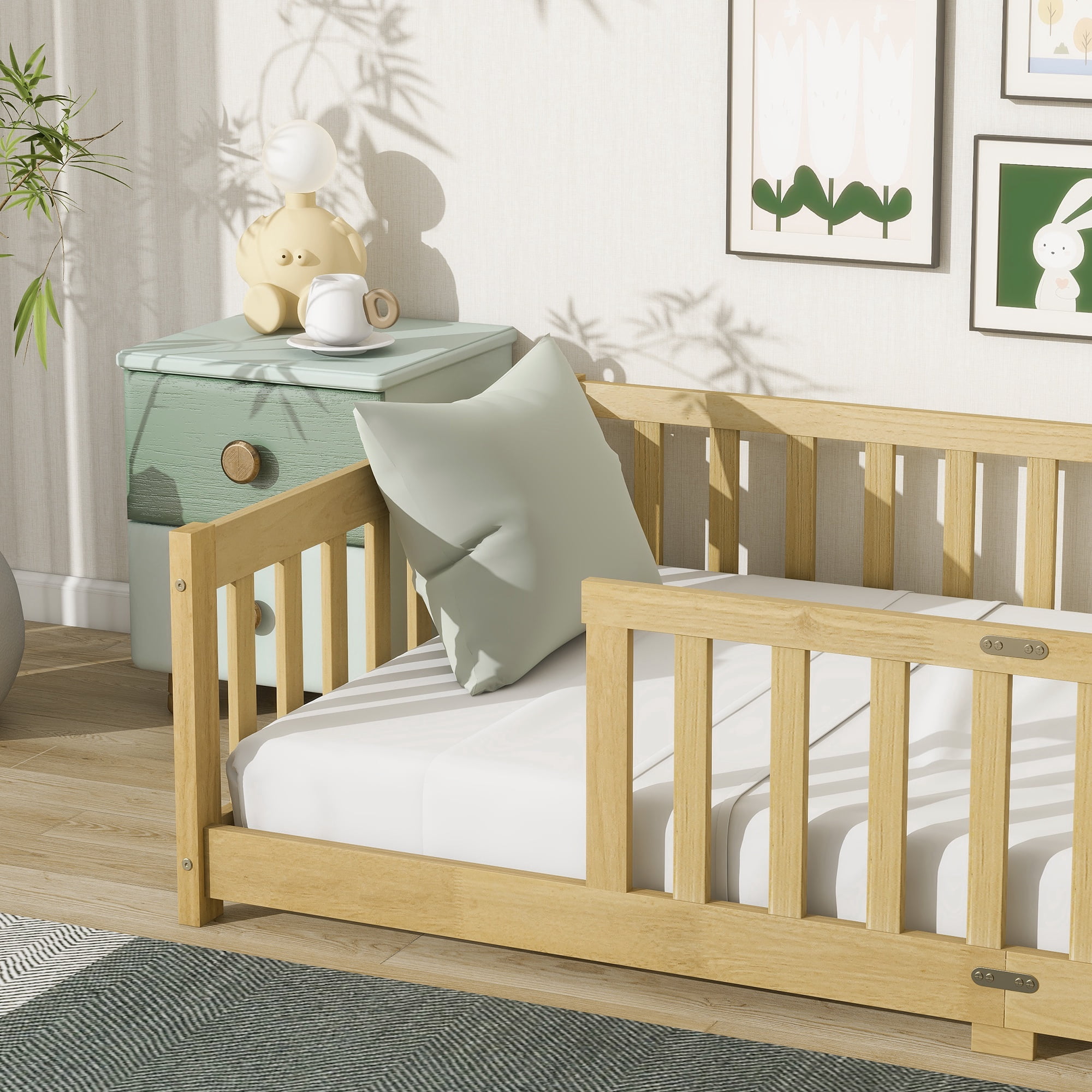 Twin Size Floor Bed with Fence, UHOMEPRO Montessori Floor Bed with Slats and Safety Guardrails, Solid Wood Twin Bed Frame for Bedroom, Natural