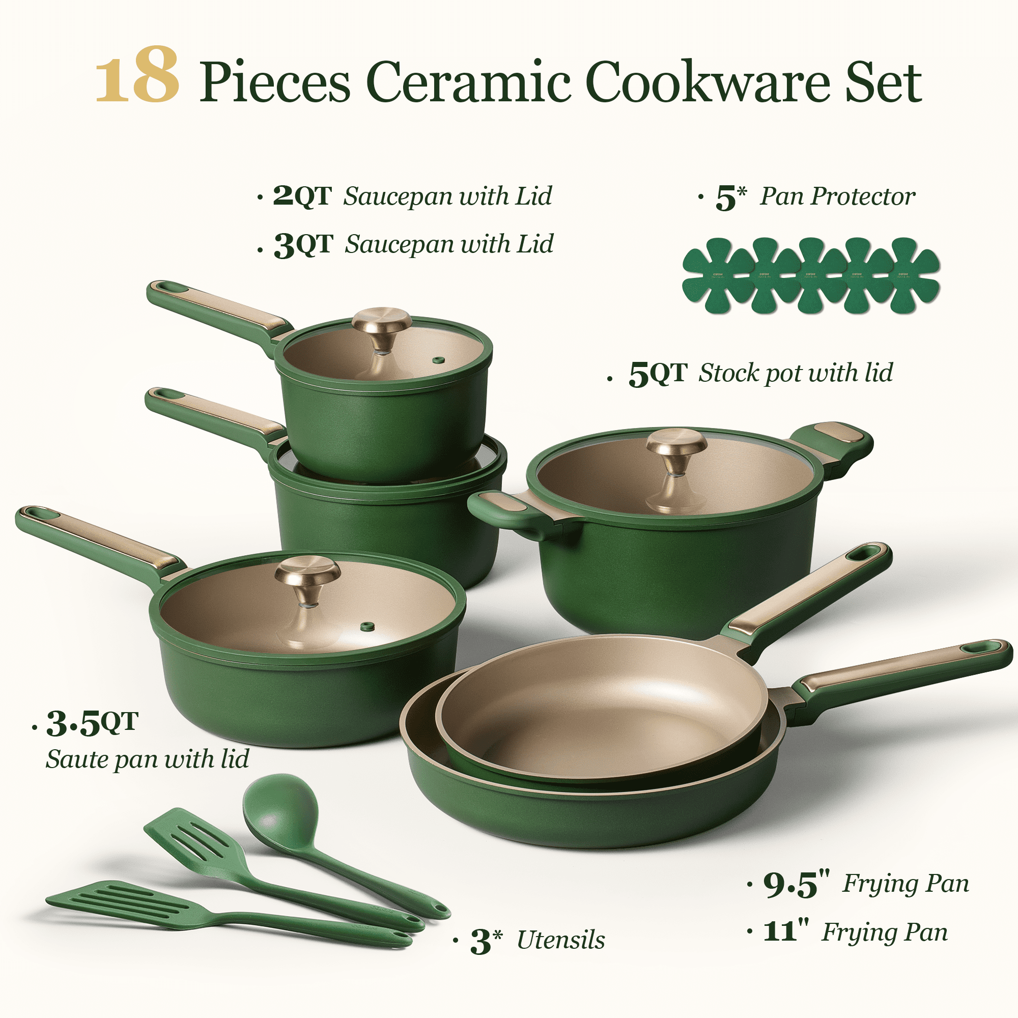 Carote Juego de 18 Piezas de Ollas y Sartenes, Utensilios de Cocina Antiadherentes con Tapas, Compatible con Inducción, Juego de Cocina con Utensilios y Protectores, Verde
