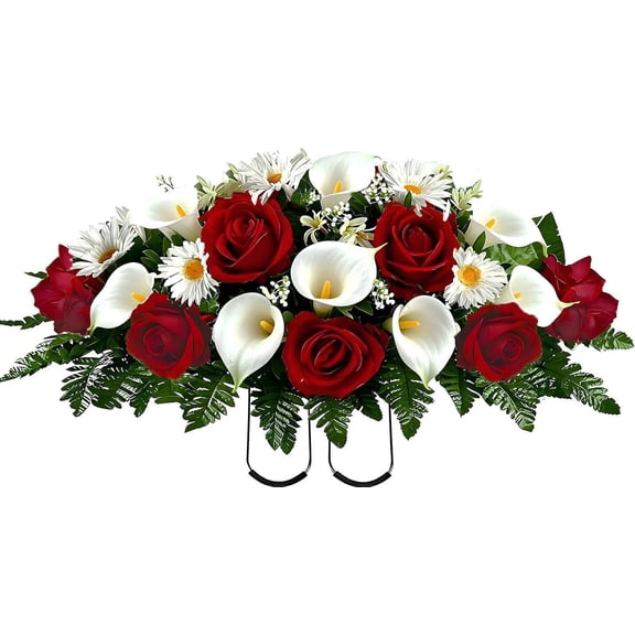 Artificial Roses Calla Lily Daisy Cemetery Flowers Outdoor Grave Decorations - Saddle Arrangement for Headstone,Outdoor Tombstone Memorial Decorations, Easy Fit (Red White)