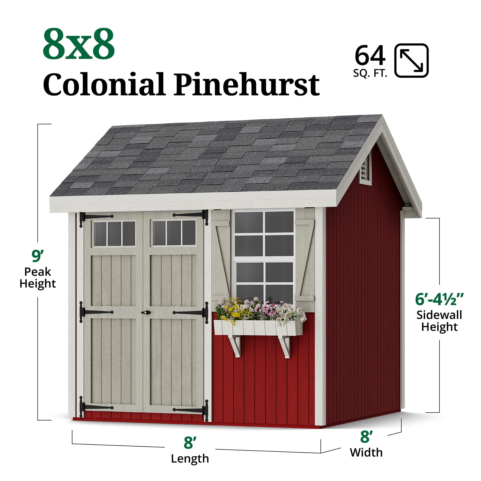 Little Cottage Co. 8x8 Colonial Pinehurst Shed with Operable Window, Outdoor Wood Storage Do-It-Yourself Precut Kit