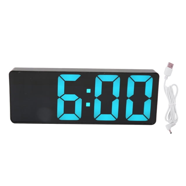 Reloj despertador digital con batería USB, gran número azul, reloj con espejo y luz LED de escritorio con pantalla temporal para dormitorio y oficina