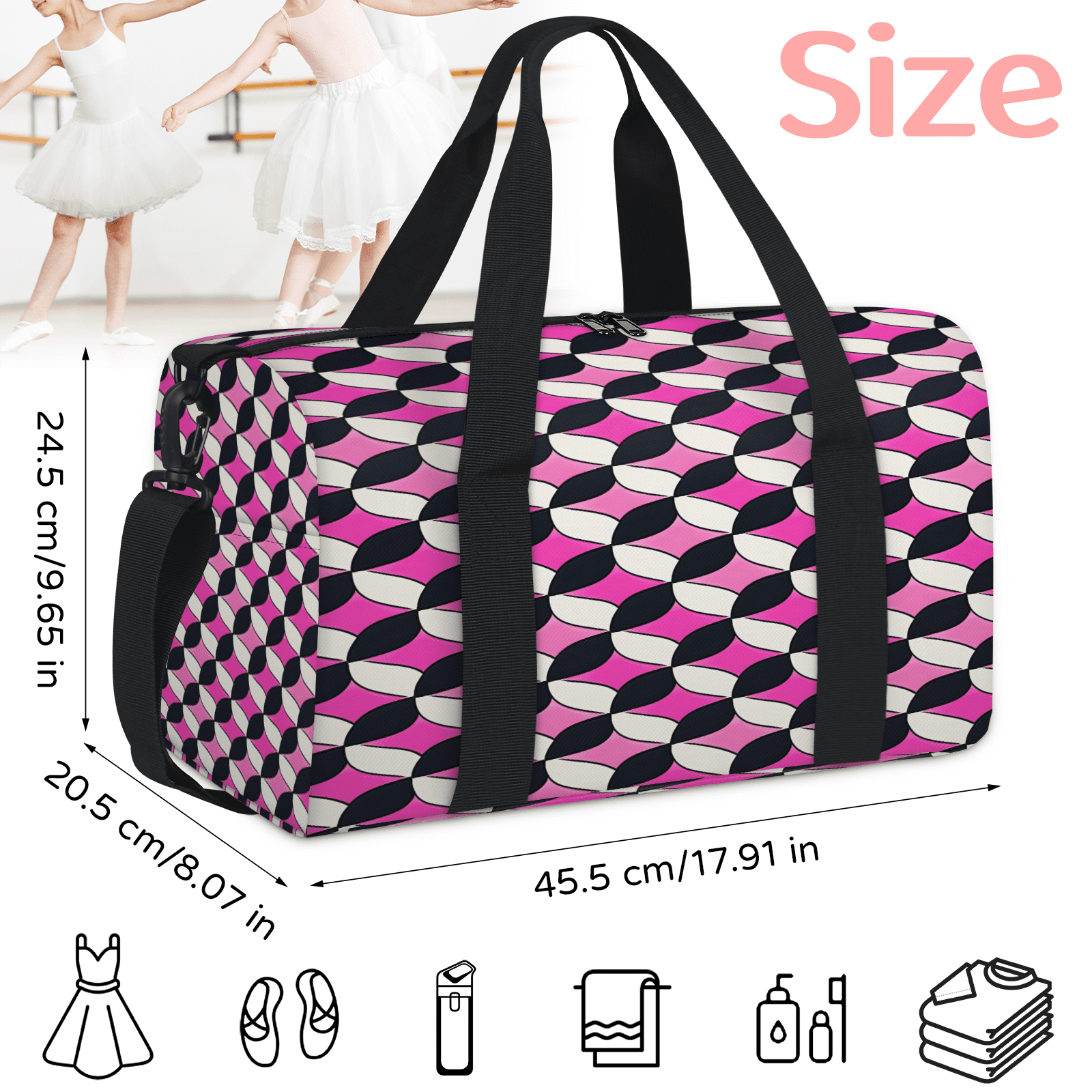 Herdesigns Pink and Black Travel Duffle Bag Sports Yoga Weekender Overnight Carry on Workout Bags Lightweight Waterproof Gym Tote Bag for Women Geometric
