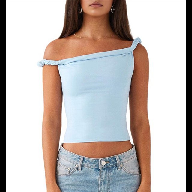 Camiseta Sin Mangas con Hombros Descubiertos para Mujer, Corte Ajustado, Elástica, Estilo Y2K, Informal Azul M