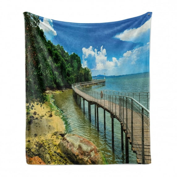 Coastal Soft Flannel Fleece Throw Blanket, Boardwalk on the Bridge Singapore Island Rural View Sandy Beach Summertime, Cozy Plush for Indoor and Outdoor Use, 50" x 60", Green Blue Brown, by Ambesonne