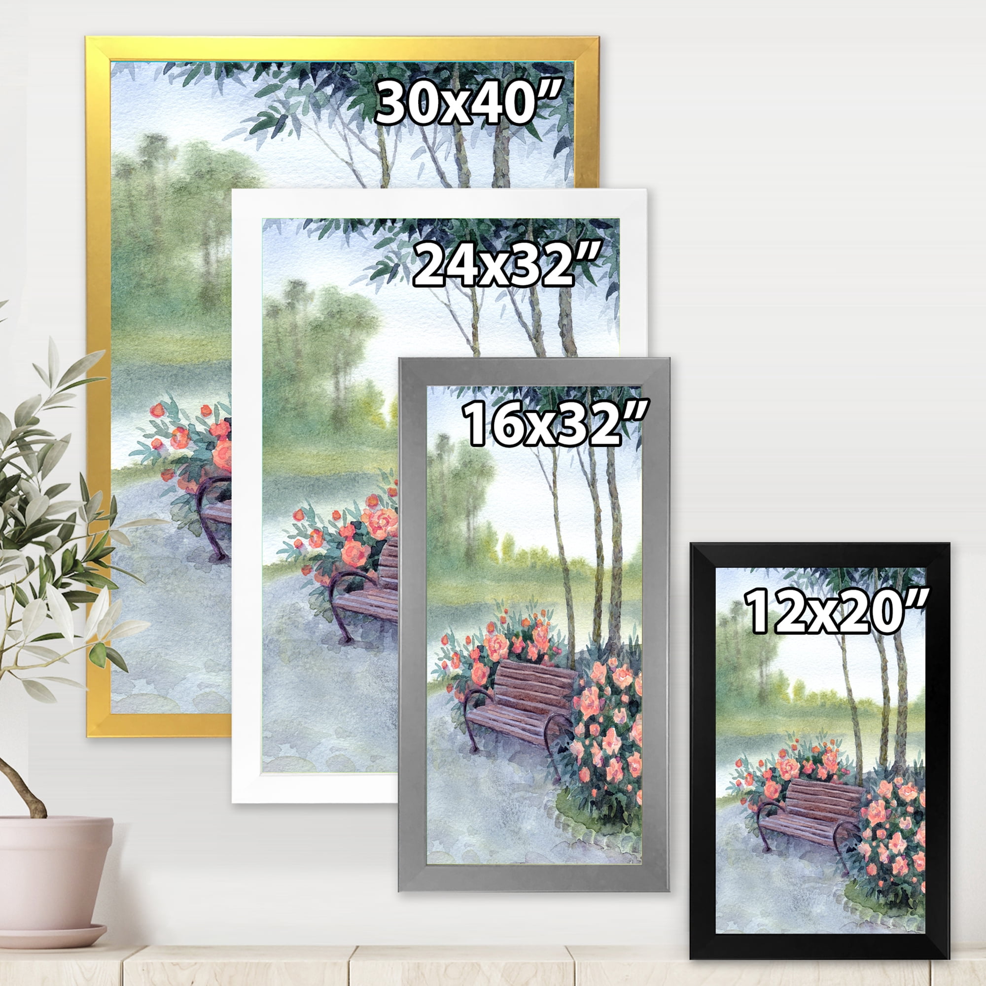 Designart 'Bench In Park By The Pions Flowers Bushes' Traditional Framed Art Print