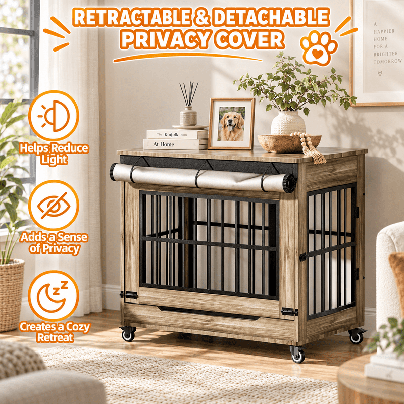 42" Large Dog Crate Furniture, Wooden Indoor Dog Kennel with Double Doors, Removable Privacy Curtain & Lockable Wheels, Decorative Pet Cage End Table for Large Breed Dogs