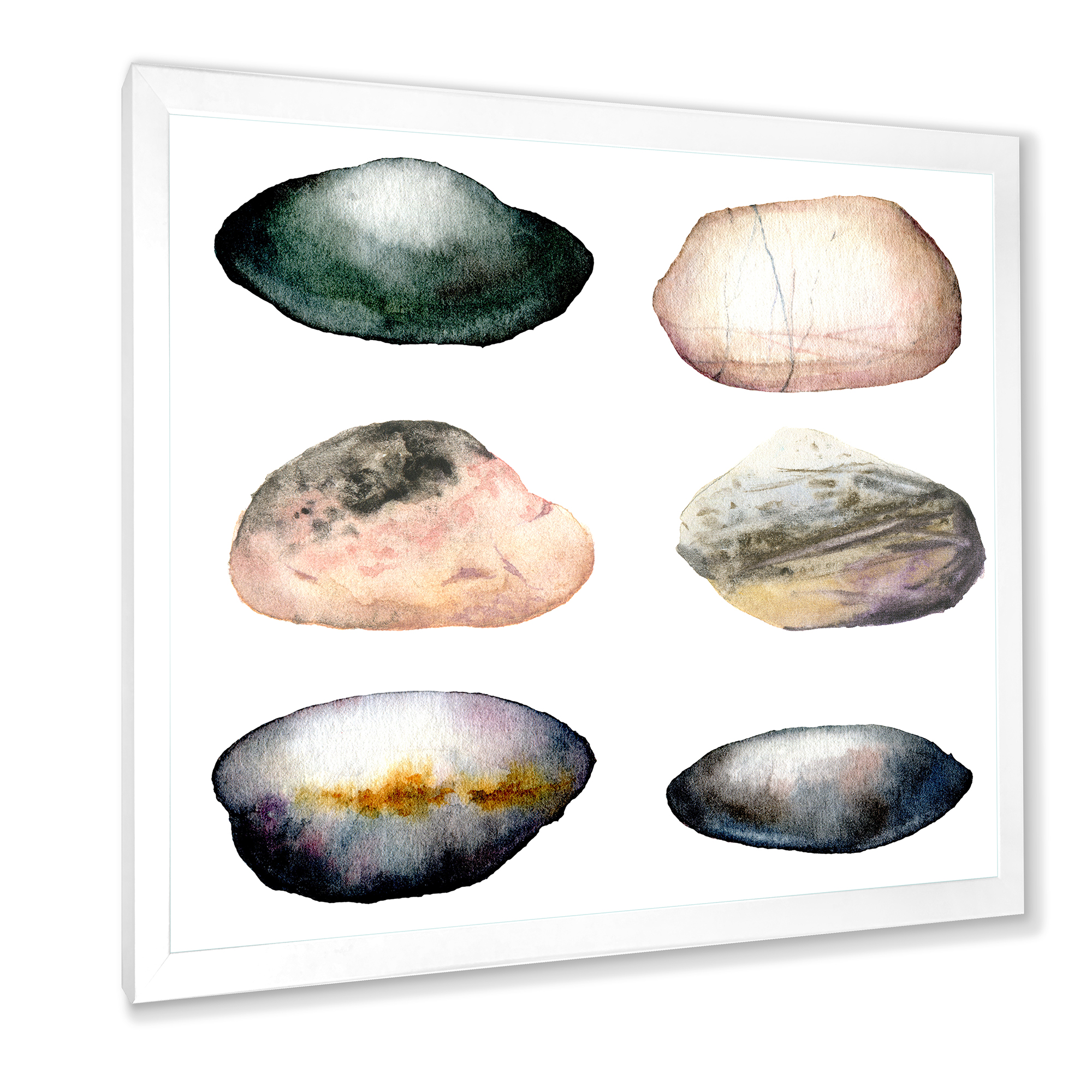 Designart 'Six Abstract Sea Stones On White' Nautical & Coastal Framed Art Print