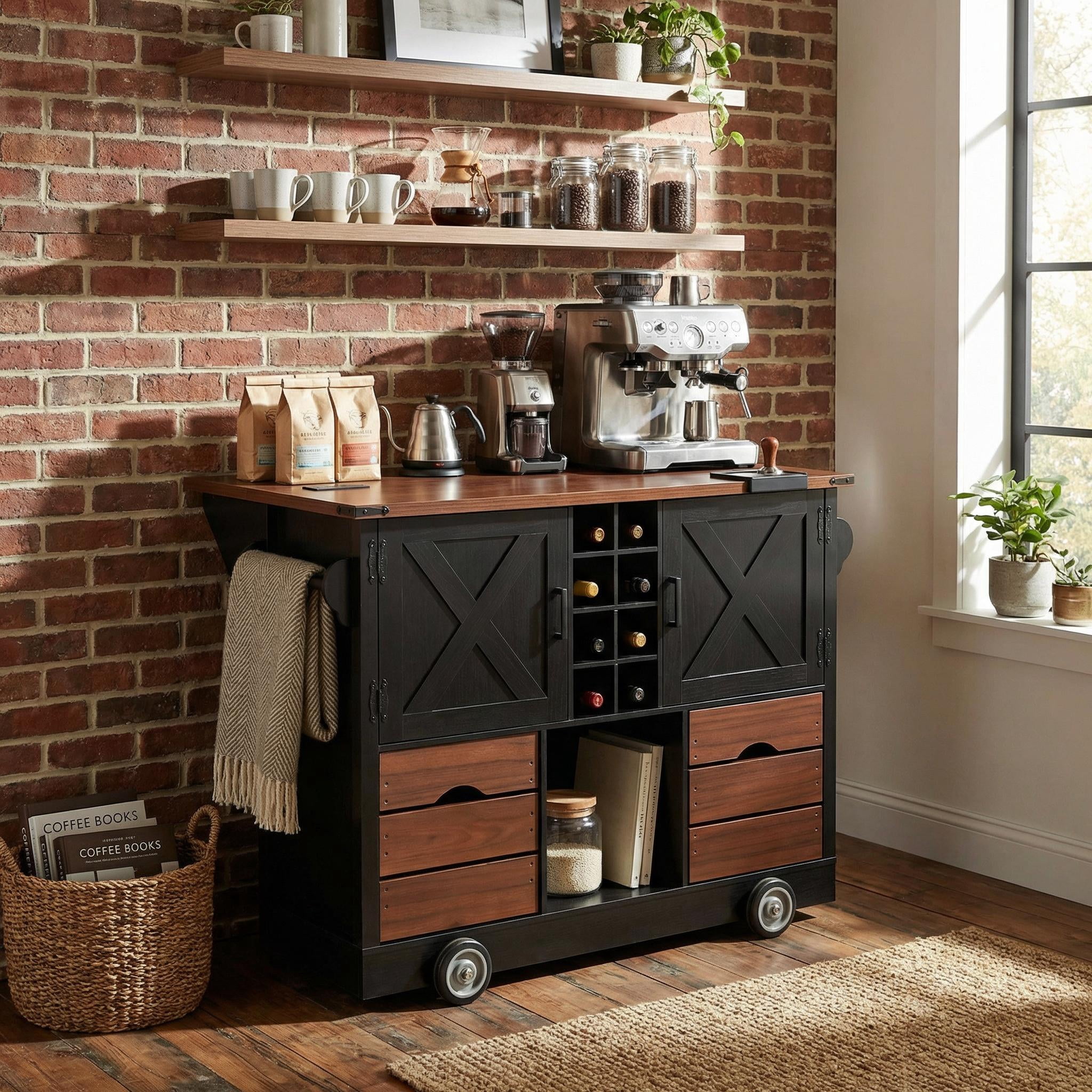 Homy Casa Rolling Kitchen Island with Drop Leaf, Wine Rack, Drawers and Storage Cabinets