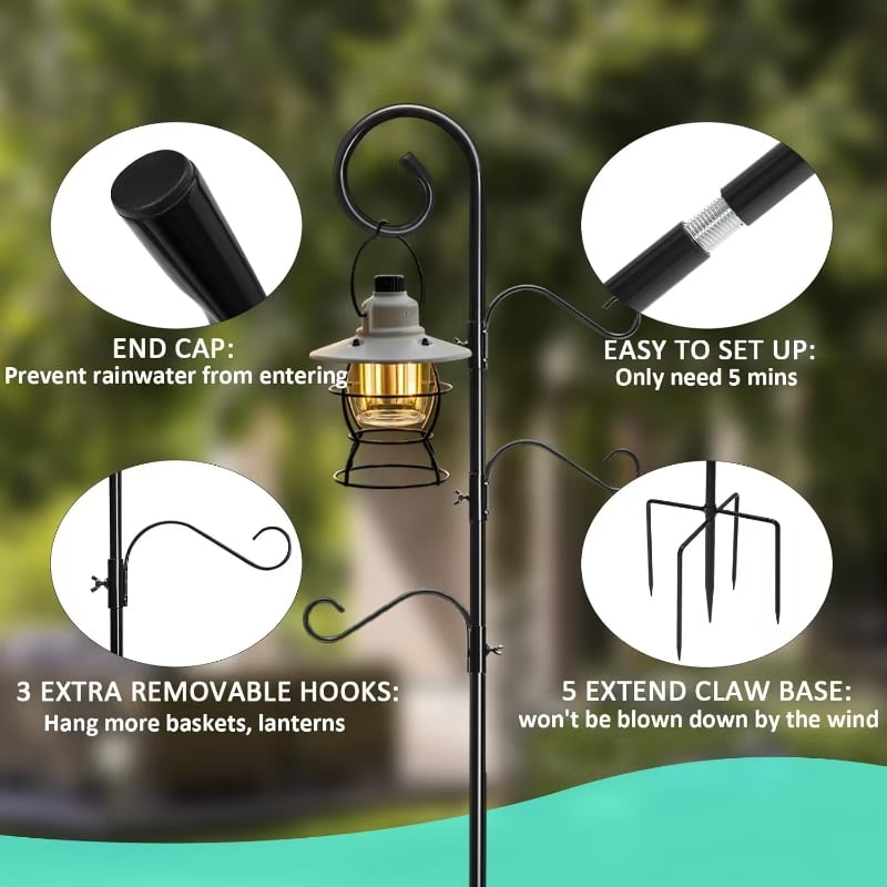 Circles 76 Inch Shepherds Hooks for Outdoor 2 Pack, Bird Feeder Poles with 4 Hooks, Shepherds Hook for Bird Feeders Outside with Base, Garden Pole for Hanging Plant Baskets, Weddings Decor (76 Inch)