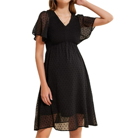 

Women Summer Plain Dots Short Sleeve V-Neck Maternity Dress High Waist Pregnancy Photography Outfits