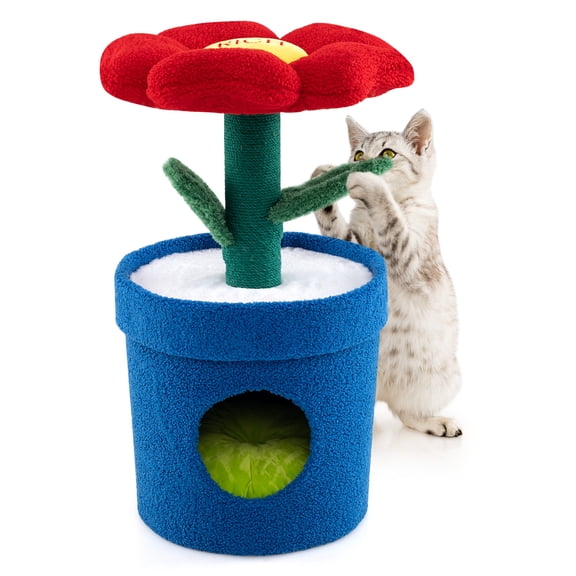 Gymax Cute Cat Tree for Indoor Cats Kitten Tower w/Flower Padded Perch Planter Condo Red & Blue & White