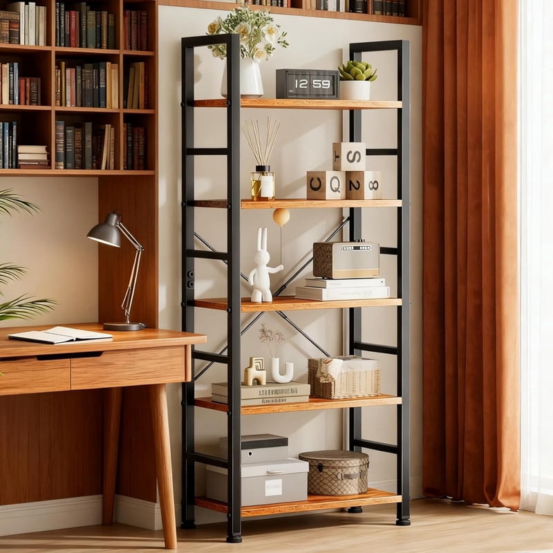 Kelno 5-Tier Bookshelf 62"x24" Industrial Storage Shelf Free Standing Bookcase Metal Frame Bookcase with Open Storage Shelves,Rustic Brown