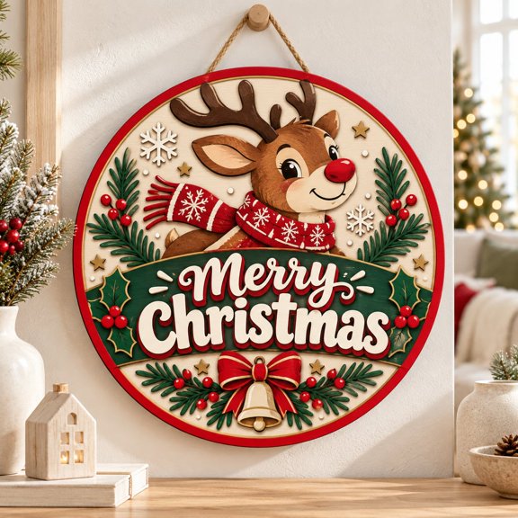 Door Hanger Reindeer Merry Christmas Wooden Porch Decor Holiday