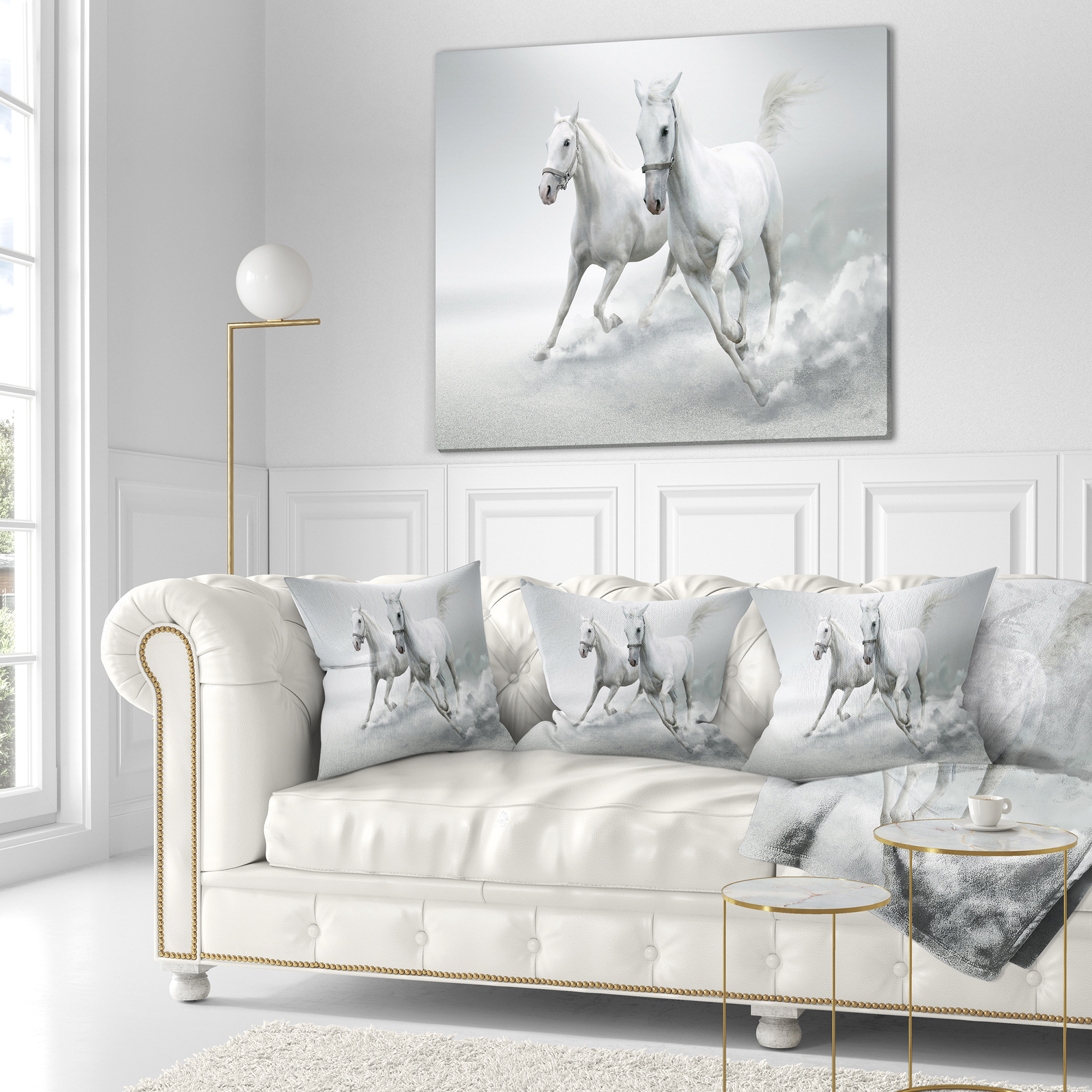 Designart Running White Horses - Animal Throw Pillow - 18x18