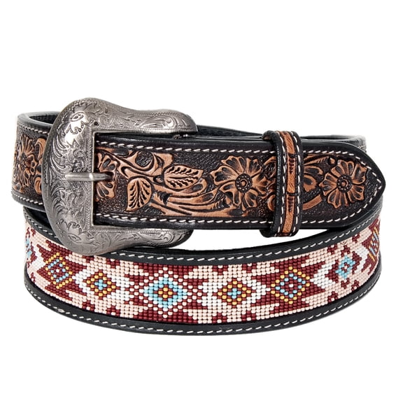 Bar H Equine Hand Carved Western Leather Belt Men Women Beaded Small