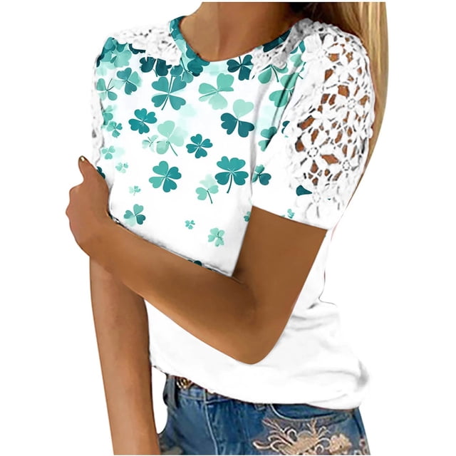 Camisas de Manga Corta para las Mujeres Impresión Cuello Redondo Suéter Encaje Blusa, Top Casual para el Hogar Y Diario