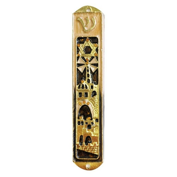 5" Brown Mezuzah Sacred City Design Hand Painted Enamel