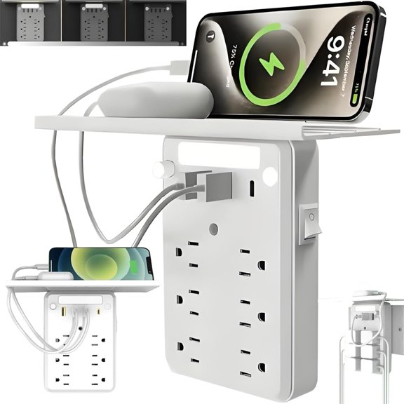 2025 New 9-In-1 Us Standard Wall Plug Extender With Shelf Night, 3 Usb Charging Ports & Surge Protector, Multi-Outlet Multi-Function Power Strip For Next To Bed And Other Home