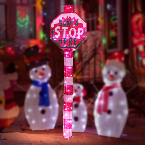 Lighted Christmas Road Sign - 70 White LED Lights, Weather-Resistant Metal/Fabric, Collapsible Design (w/Ground Stakes) - Indoor/Outdoor Holiday Decor