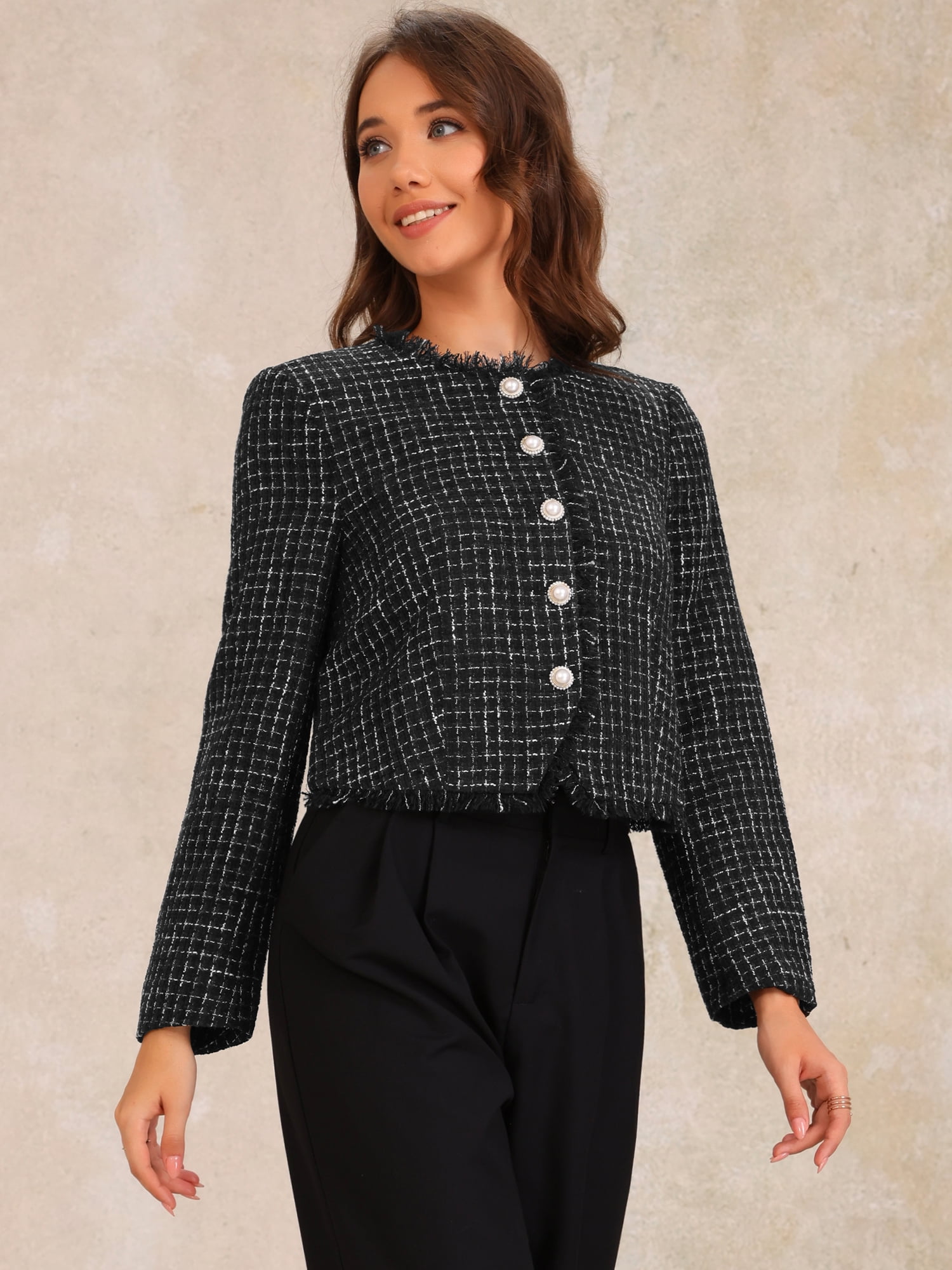 DARING DIVA Women's Plaid Tweed Cropped Button Up Elegant Work Jackets XL Black