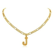 FOCALOOK Initial J Necklaces for Women Men Gold Plated Figaro Chain 16 Inches Capital Letter Pendant Jewelry Gift for Granddaughter Birthday Mothers Day Christmas
