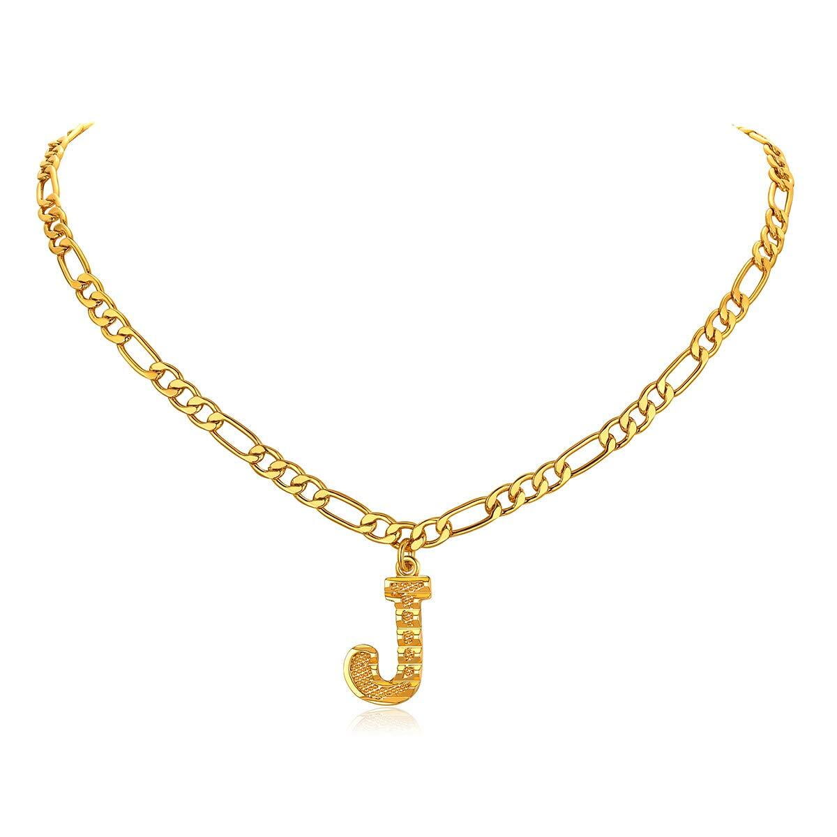 FOCALOOK Initial J Necklaces for Women Men Gold Plated Figaro Chain 16 Inches Capital Letter Pendant Jewelry Gift for Granddaughter Birthday Mothers Day Christmas
