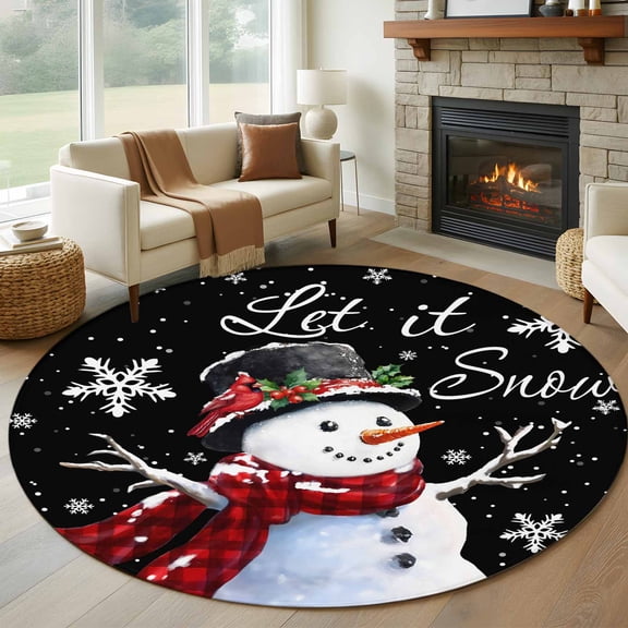 Black Christmas Round Area Rug 5 FT, Non Slip Bedroom Area Rug, Snowflake Snowman Xmas Birds Berry Washable Soft Circular Carpet Non-Shedding Floor Mat for Kitchen Dining Room Foyer Balcony Dorm